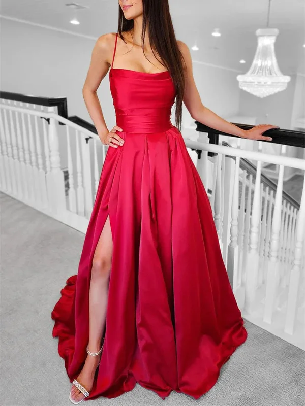 Spaghetti Strap Red Satin Long Prom Dresses, Red Spaghetti Strap Satin Long Formal Evening Dresses Tunics Stylish elegant