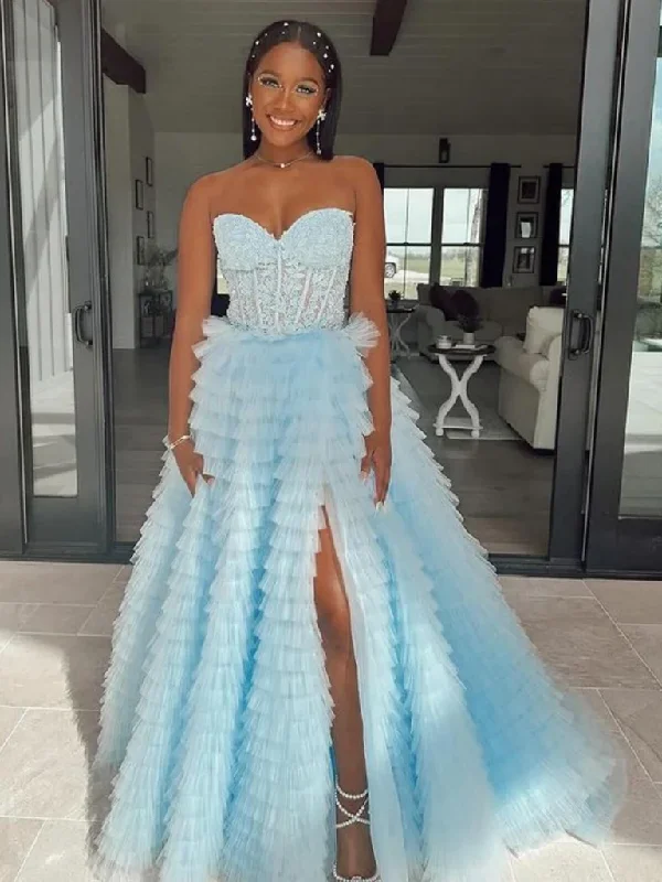 Strapless Light Blue Lace Long Ruffle Prom Dresses with High Slit, Lace Light Blue Formal Evening Dresses Tunics Satin smooth