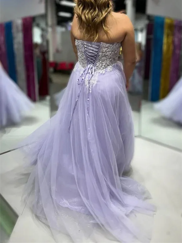 Strapless Sweetheart Neck Lilac Tulle Long Prom Dresses with Appliques, Purple  Lace Tulle Long Formal  Evening Dresses Tunics Chinos classic