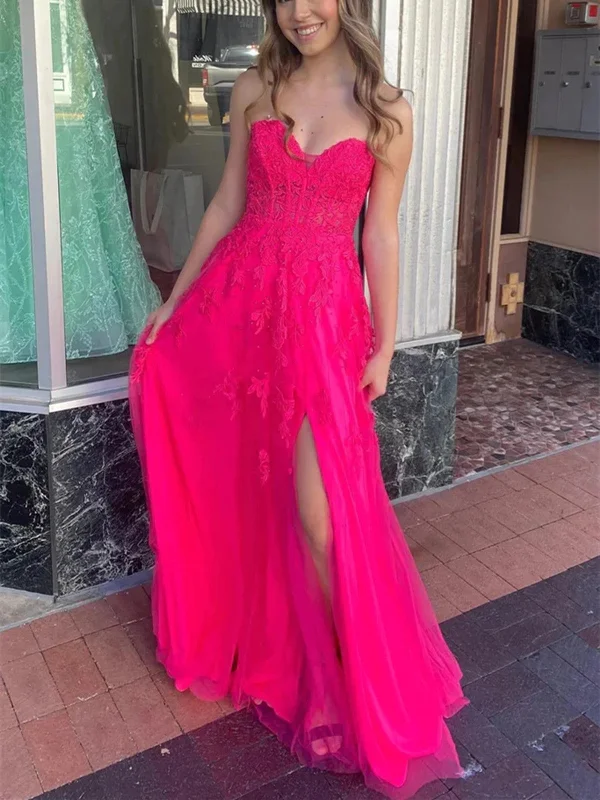 Strapless V Neck Hot Pink Tulle Lace Prom Dresses, Hot Pink Lace Tulle Long Formal Evening Dresses Tunics Modern contemporary