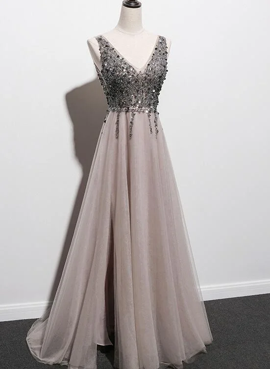 Stylish Tulle Slit V-neckline Beaded Long Party Dress, Tulle Prom Dress Peplum Ruffle Cocktail