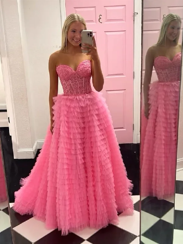 Sweetheart Neck Hot Pink Lace Tulle Prom Dresses, Hot Pink Lace Long  Formal Evening Dresses Tunics Brand named