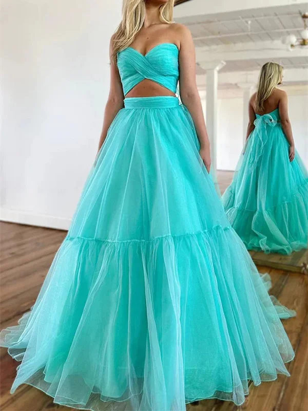 Two Pieces Mint Green Tulle Long Prom Dresses., Unique Tulle Green Formal Evening Dresses Tunics Hiking breathable