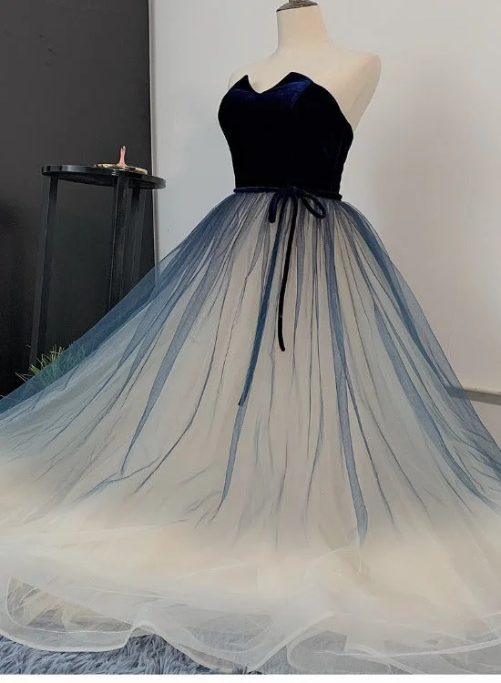 Unique Navy Blue Gradient Tulle with Velvet Top Prom Dress, Tulle Long Party Dress Formal Dress Tunics Evening elegant