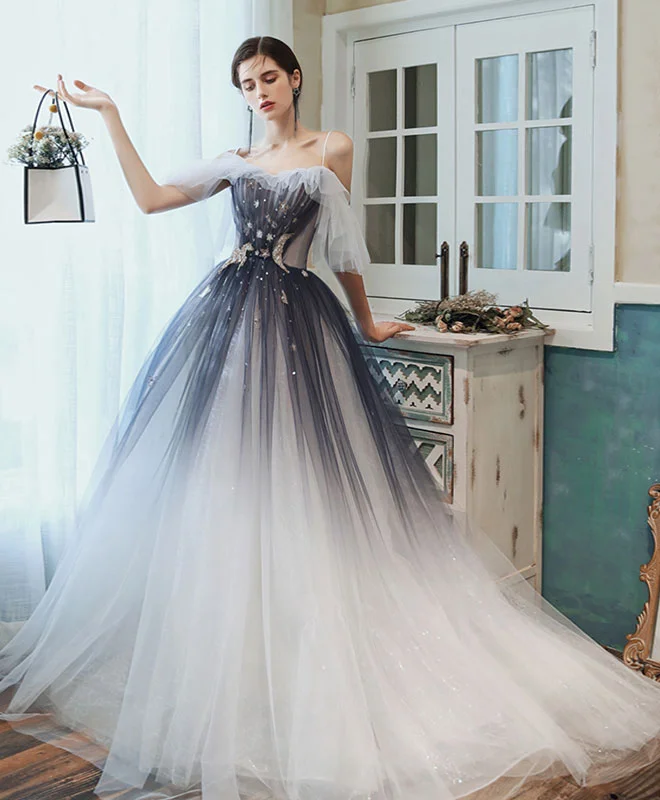 Unique Sweetheart Tulle Blue Long Prom Dress Blue Tulle Evening Dress Off-the-shoulder Chic Trendy