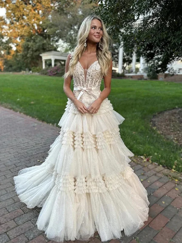 V Neck Champagne Lace Layered Long Prom Dresses with Train,  Lace Champagne Formal Evening Dresses Lace Sexy Club