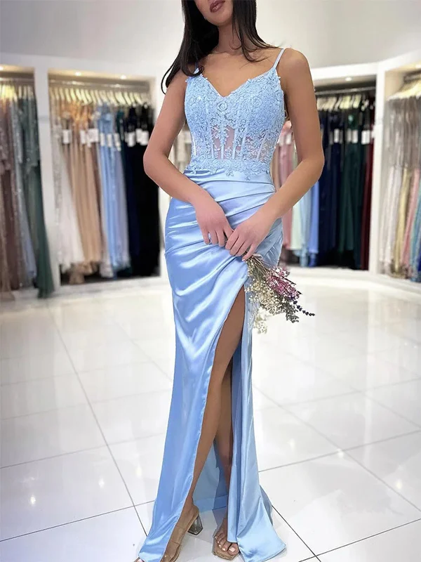 V Neck Mermaid  Blue Lace Long Prom Dresses, Blue V Neck Lace Satin Mermaid Long Formal Evening Dresses Tunics Trousers formal