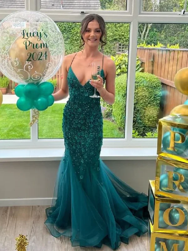 V Neck Mermaid Green Lace Long Prom Dresses, Long Green Lace Mermaid Formal Evening Dresses Off-the-shoulder Chic Trendy