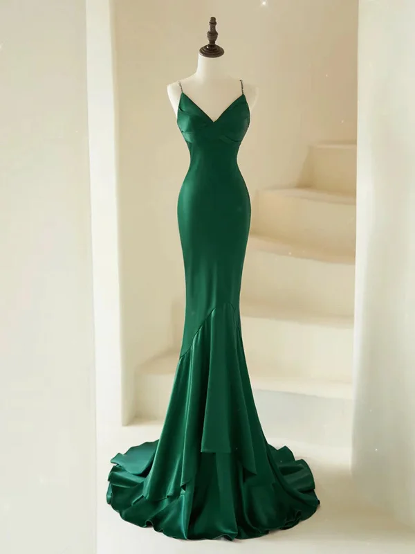 V Neck Mermaid Satin Green Long Prom Dresses, Green Mermaid Long Formal Evening Dresses Pencil Length Work