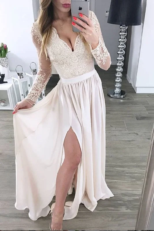 V Neck Prom Dress,Lace Prom Dress,Long Sleeve Prom Dress,Chiffon Evening Dress,Ball Dress,Bridesmaid Dress cg2006 Turtleneck Neckline Stylish