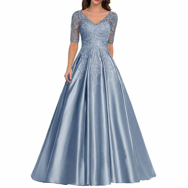 V Neck Satin Prom Bridesmaid Dresses Appliques Evening Dresses Long Formal Party Ball Gowns Tunics Office stylish