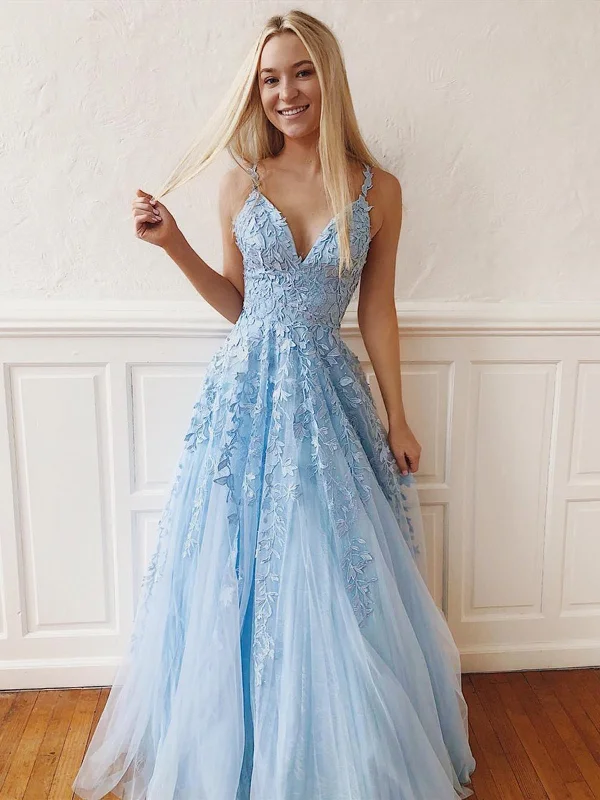 V Neck Sky Blue Lace Prom Dresses Long, Blue Long Lace Bridesmaid Dresses, Formal Evening Dresses Tunics Bridal satin