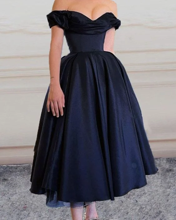 Vintage Satin Bridesmaid Dresses Tea Length Off The Shoulder prom dress, evening dress    cg22151 Tunics Luxurious high-end