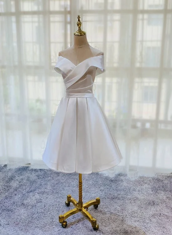 White Simple Satin Off Shoulder Knee Length Party Dress, Graduation Dress Prom Dress Tunics Sale discount