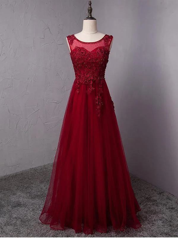 Wine Red Round Neckline Beaded Long Party Dress, Burgundy Tulle Prom Dress Tunics Luxurious high-end