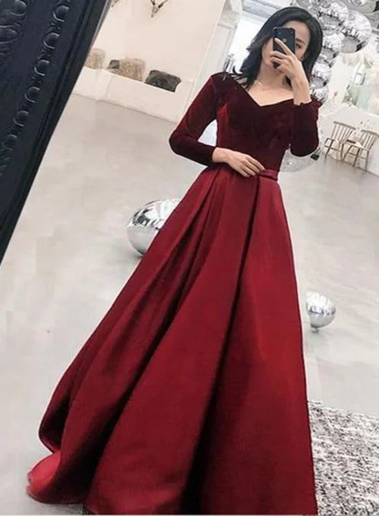 Wine Red Satin and Velvet Long Party Dress, Long Sleeves Evening Dress, Formal Dress Boat Neckline Classic