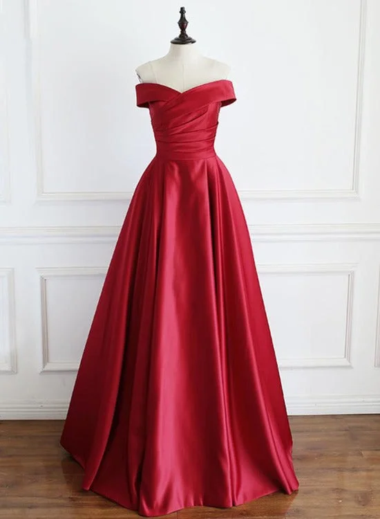 Wine Red Satin Floor Length Party Dress, A-line Off Shoulder Prom Dress Tunics Spring floral