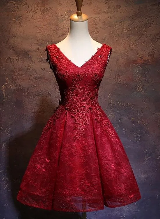 Wine Red Short Lace Cute Homecoming Dress, V-neckline Lace-up Teen Party Dress Tunics Brand named