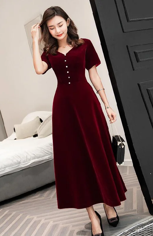 Wine Red Tea Length Short Sleeves Vintage Style Party Dress, Velvet Bridesmaid Dress Prom Dress   cg12524 Square Neckline Feminine