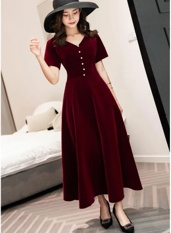 Wine Red Tea Length Short Sleeves Vintage Style Party Dress, Velvet Bridesmaid Dress Tunics Top rated