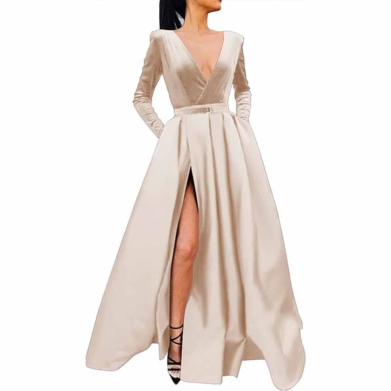 Women Long Sleeve Satin Formal Evening Dress with Pockets Prom Ball Gown Tunics Exclusive limited