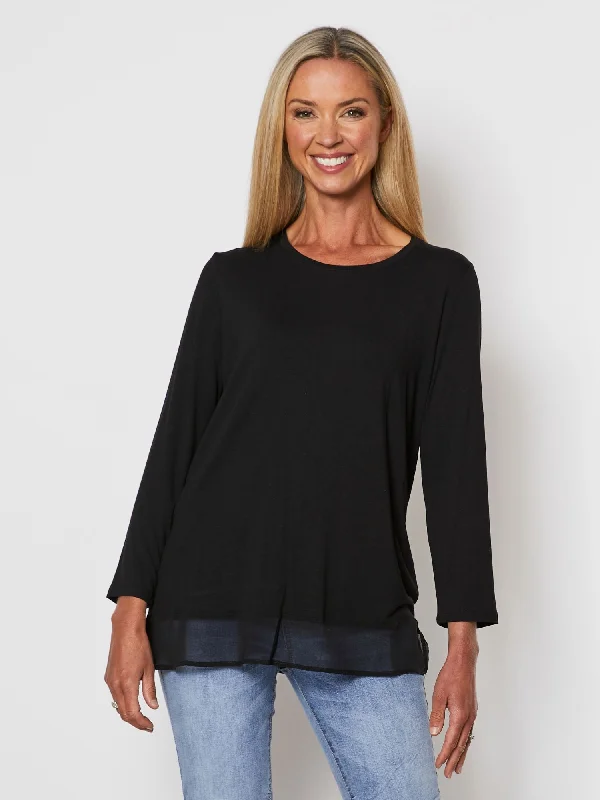 Long Sleeve Georgette Hem T-shirt - Black Houndstooth Herringbone Solid