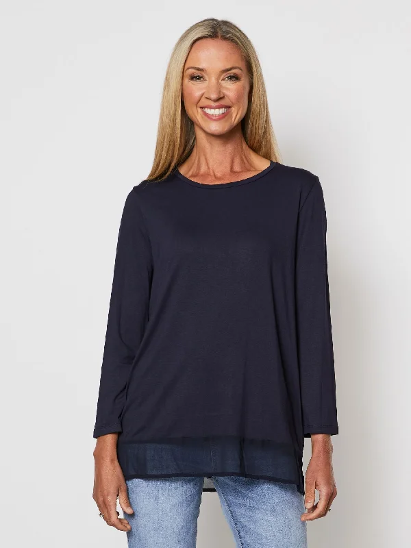 Long Sleeve Georgette Hem T-shirt - Navy Zippered Front Buttoned Front Snap Front