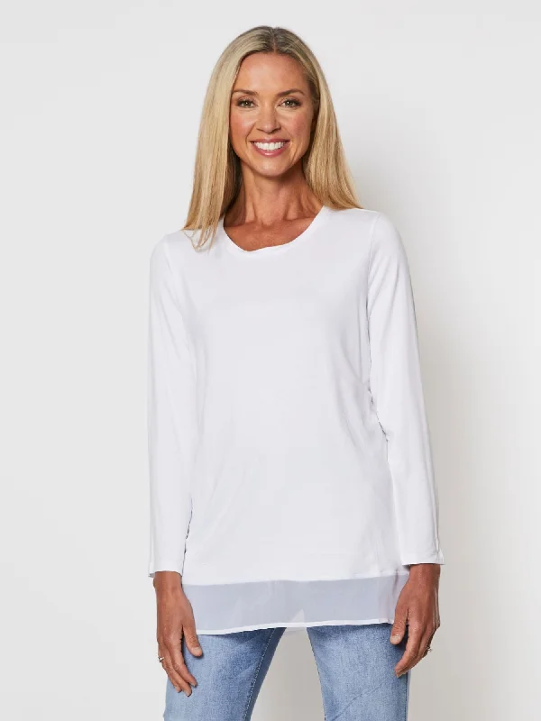 Long Sleeve Georgette Hem T-shirt - White Front Pockets Side Pockets Patch Pockets