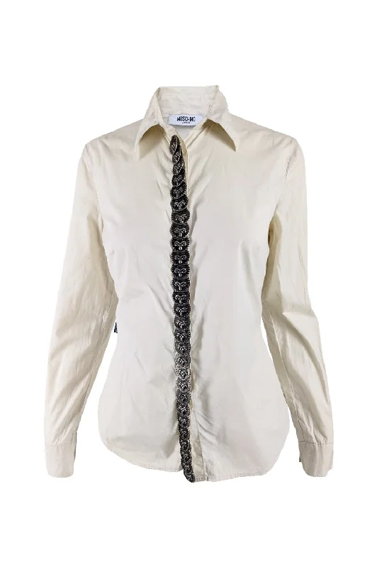 Moschino Vintage Cream Stretch Cotton Western Shirt, 1990s Polka Dot Checkered Tartan