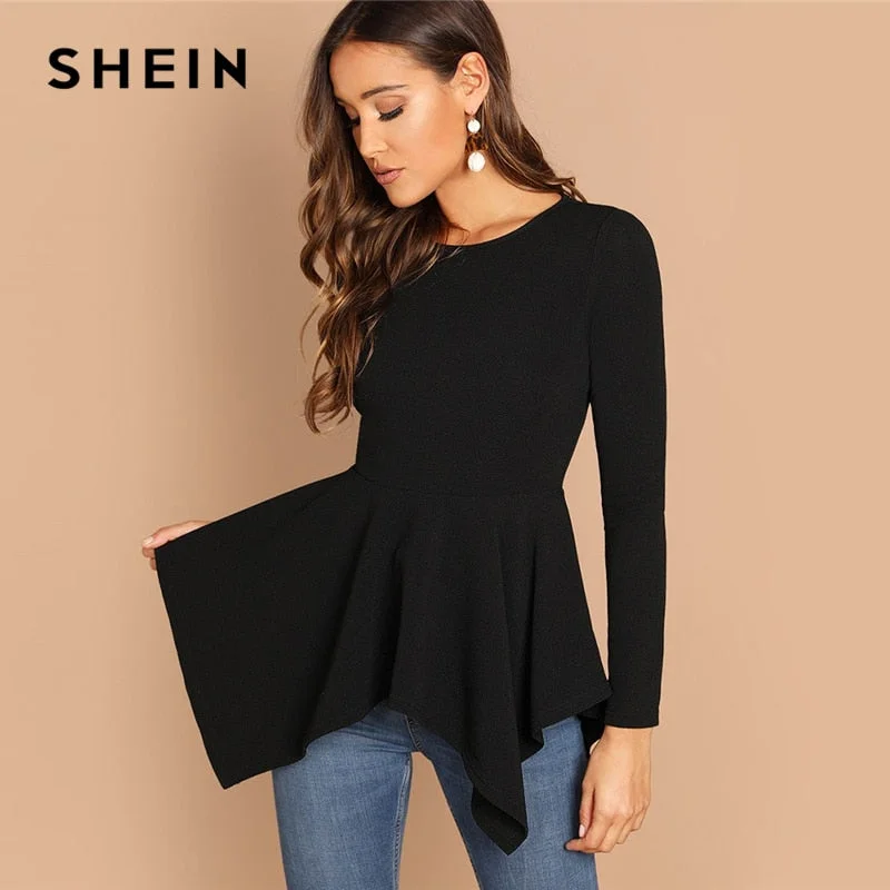 SHEIN Asymmetrical Hem Peplum Tee Elegant Plain Long Sleeve Round Neck Tops Women Autumn Minimalist Workwear T-shirt Iron Safe Non-Iron Wrinkle Free