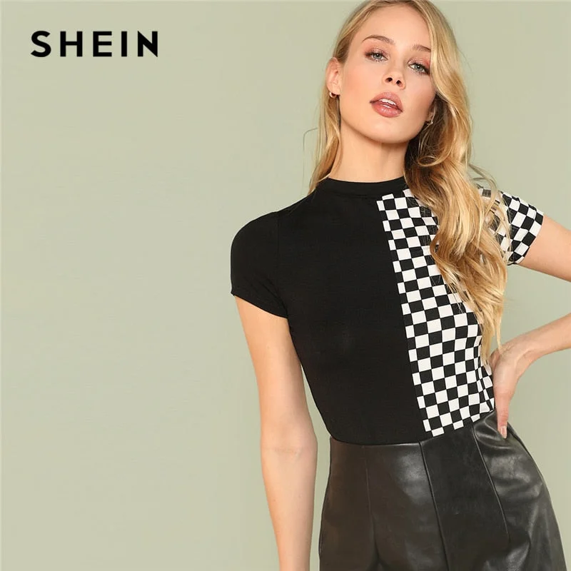 SHEIN Black and White Plaid Casual Round Neck Short Sleeve Colorblock Tee Summer Women Elegant T-shirt Top Basic T-Shirt Crew Neck Short Sleeve