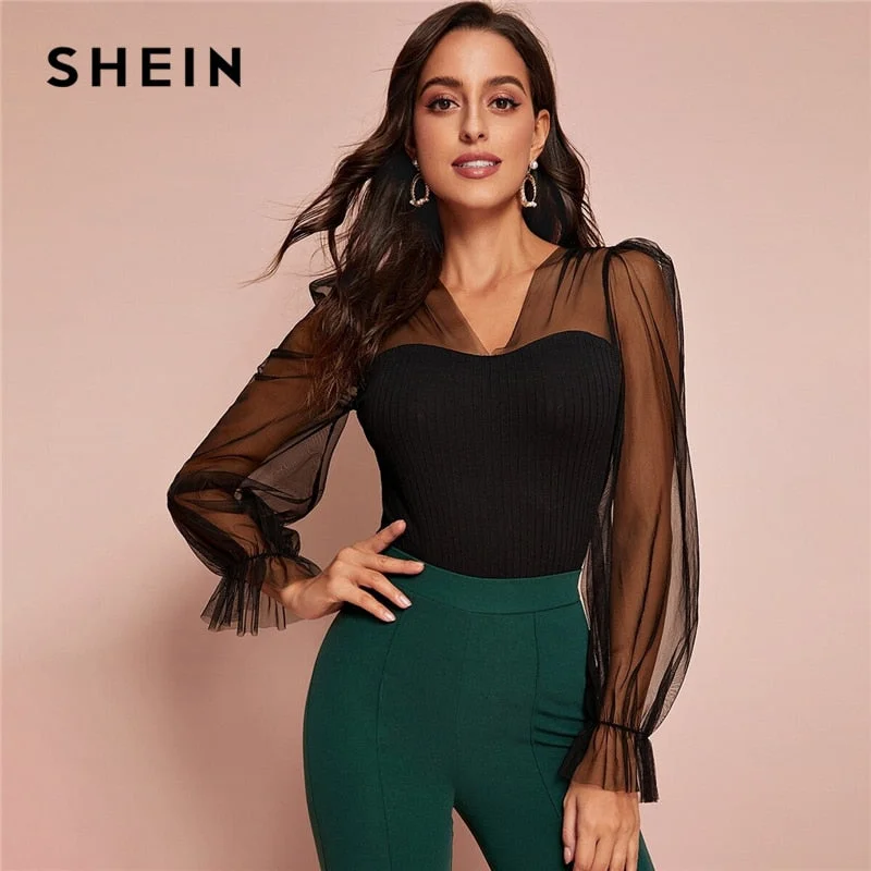 SHEIN Black V-Neck Contrast Mesh Sleeve Ribbed-Knit Elegant Top Women Autumn Flounce Sleeve Sheer Form Fitted Solid T-shirts Collared T-Shirt Boat Neck A-Line