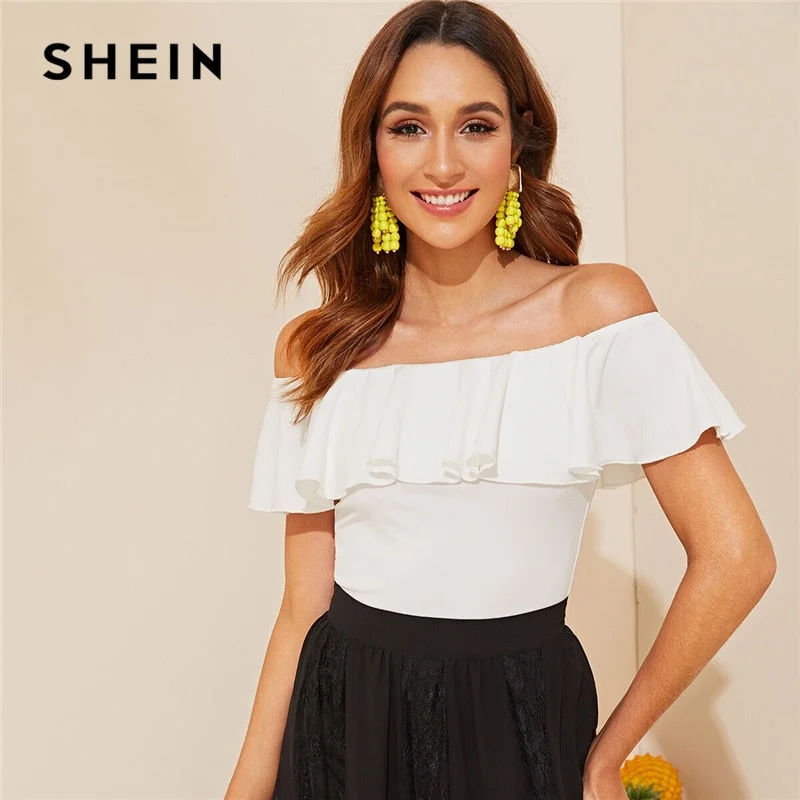 SHEIN Elegant White Flounce Off Shoulder Fitted Top Solid T Shirt Women Summer Sleeveless Basics Slim Tshirt Tops Cashmere Blend Cotton Blend Poly Blend