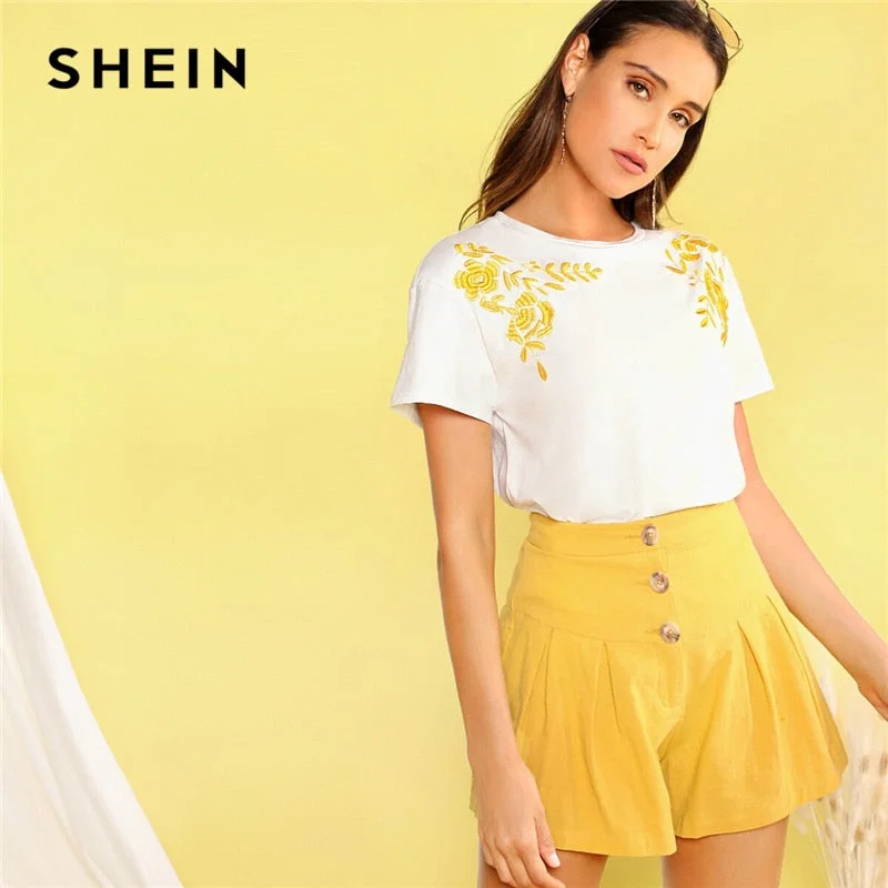 SHEIN Flower Embroidered Detail Tee Women Clothing 2019 Stretchy Summer Short Sleeve T Shirt Round Neck White Summer Tops Elegant Classic Vintage