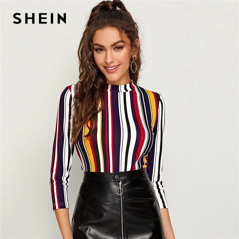 SHEIN Multicolor Mock-neck Form Fitted Striped Top Slim T Shirt Women Autumn 3/4 Length Sleeve Elegant Office Lady Tshirt Tops Fitted T-Shirt Seamless Stretchy