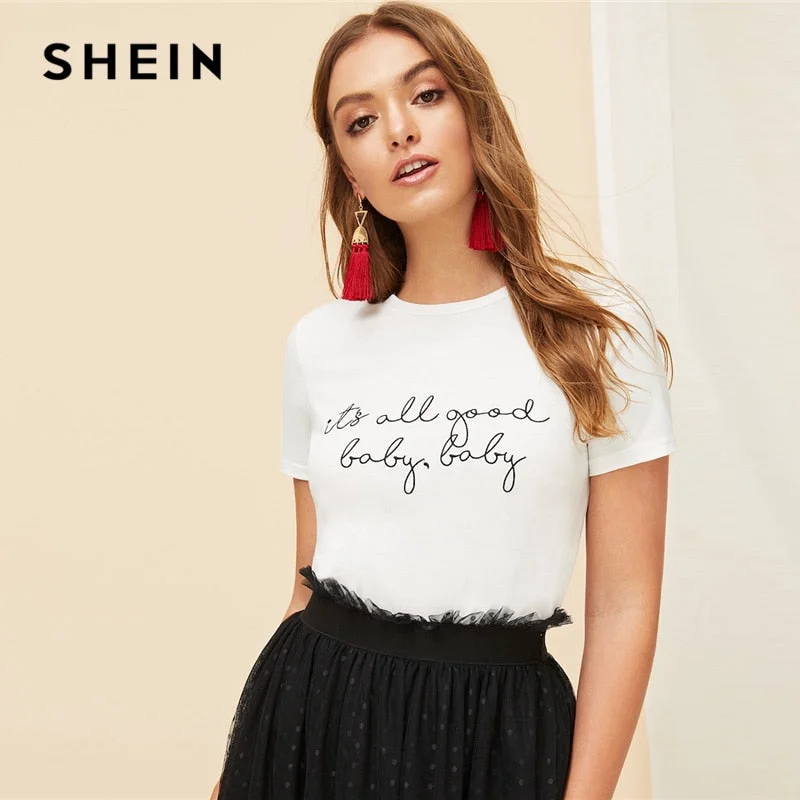 SHEIN White Slogan Letter Print Solid Slim Fitted Tee Short Sleeve Round Neck T Shirt Women Summer 2019 Casual T-shirt Tops Polka Dot Checkered Tartan