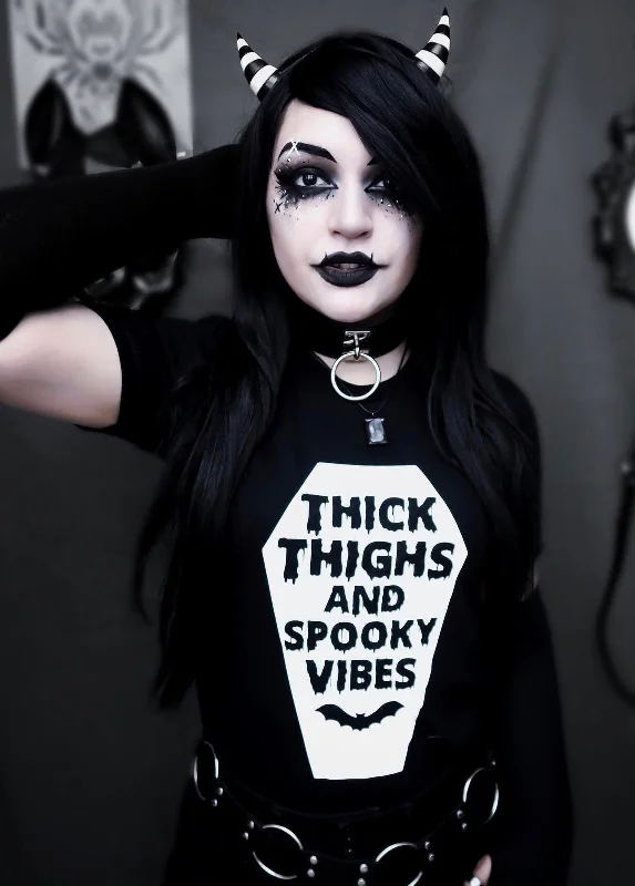 Thick Thighs & Spooky Vibes T-Shirt Front Pockets Side Pockets Patch Pockets