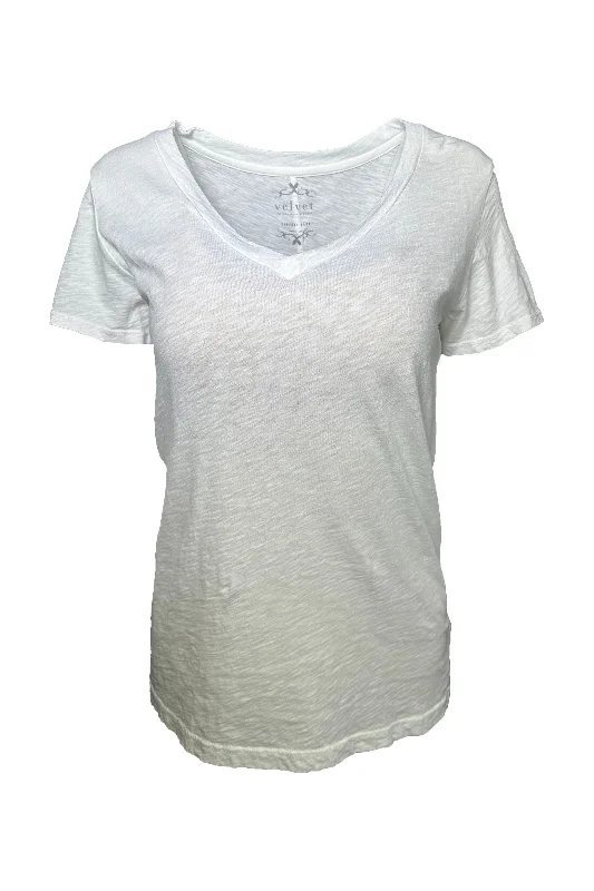 Velvet by Graham & Spencer Lilith Cotton Slub V-Neck Tee | Ecru Silk Blend Satin Velvet