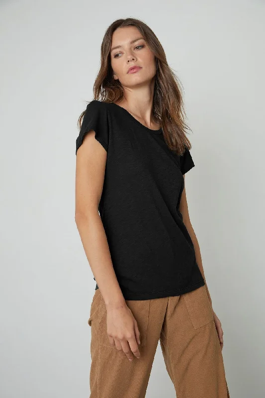 Velvet by Graham & Spencer Odelia Short Sleeve Crew Neck Tee | Black Hooded Caped Shawl Collar