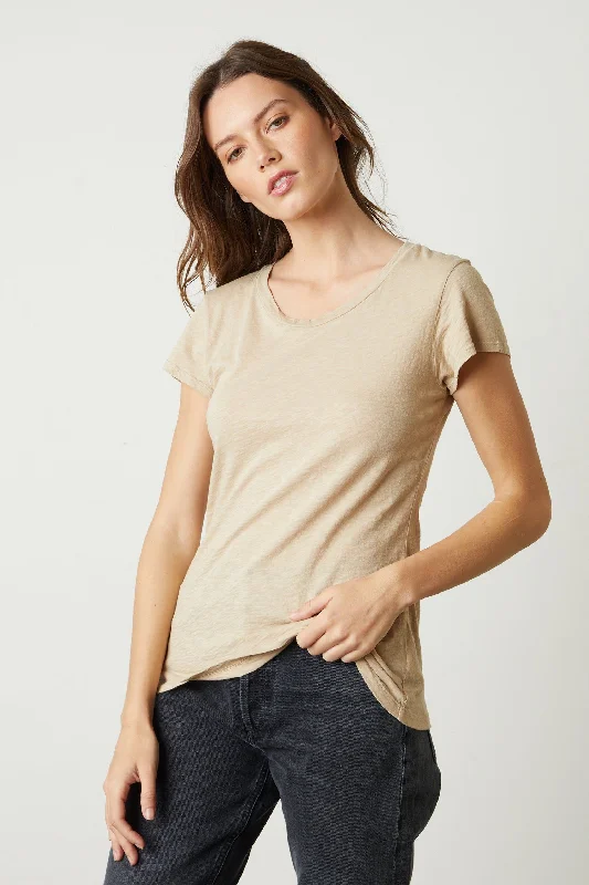 Velvet by Graham & Spencer Odelia Short Sleeve Crew Neck Tee | Sesame Hooded Caped Shawl Collar