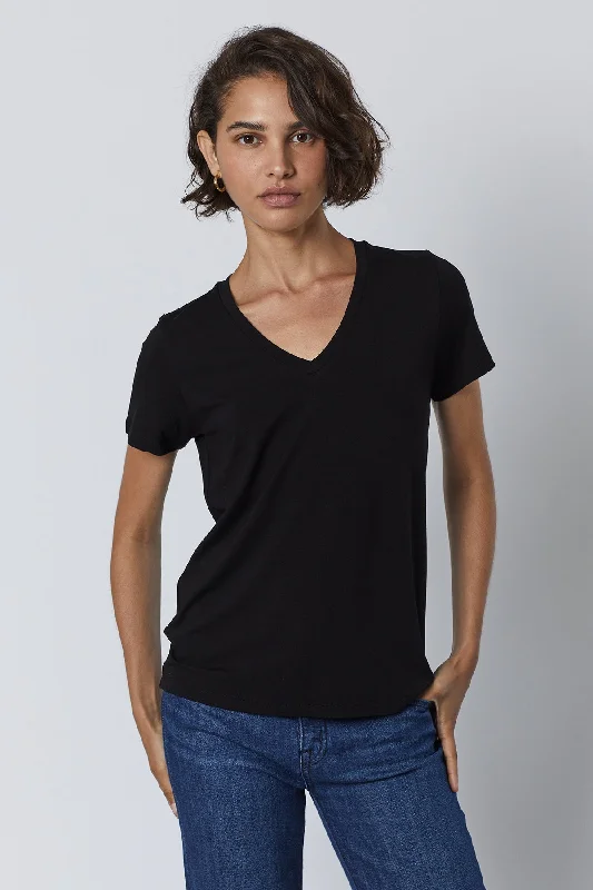 Velvet by Jenny Graham Runyon 06 Short Sleeve V-Neck Tee | Black Spandex Blend Rayon Blend Denim Blend