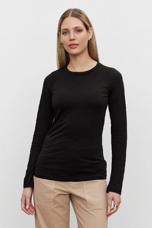 Velvet by Graham & Spencer Zofina Fitted Long Sleeve Gauzy Whisper Crew Neck Tee Shirt | Black Terry Blend Velvet Blend Canvas Blend