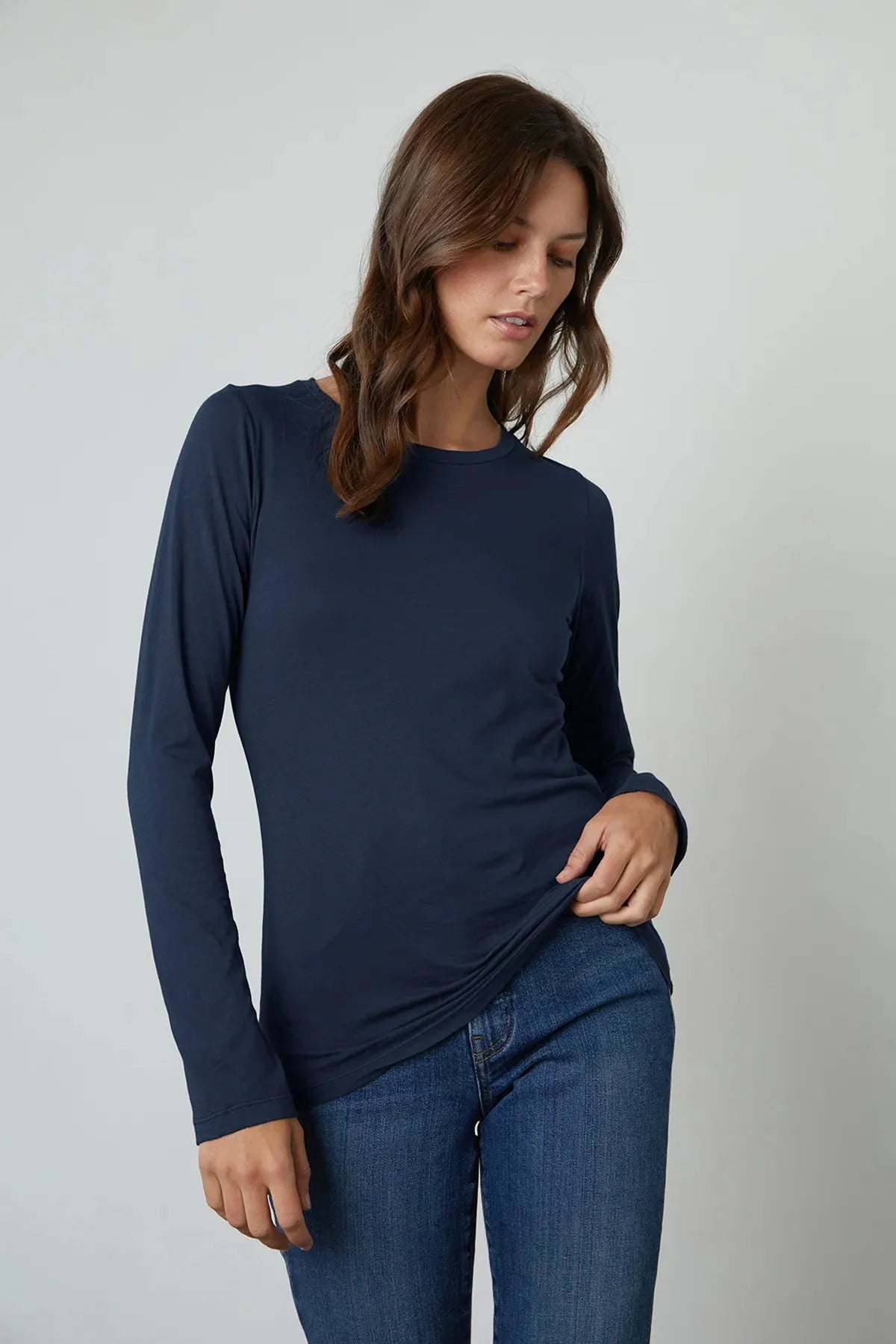 Velvet by Graham & Spencer Zofina Fitted Long Sleeve Gauzy Whisper Crew Neck Tee Shirt | Midnight Anti-Pilling Machine Wash Handmade