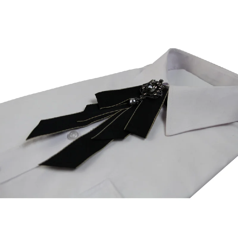 Womens Black Fabric Crystal Pearl Brooch Shirt Collar Bow Tie Cashmere Blend Cotton Blend Poly Blend