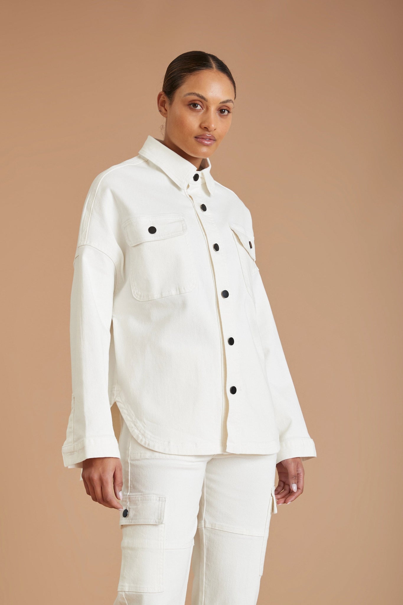 AF Denim Longsleeve Shirt (White) Notch Collar Peter Pan Collar Cowl Neck