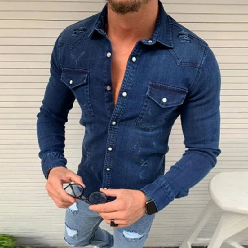 Casual Slim Fit Denim Shirt For Men Solid Print Embellished