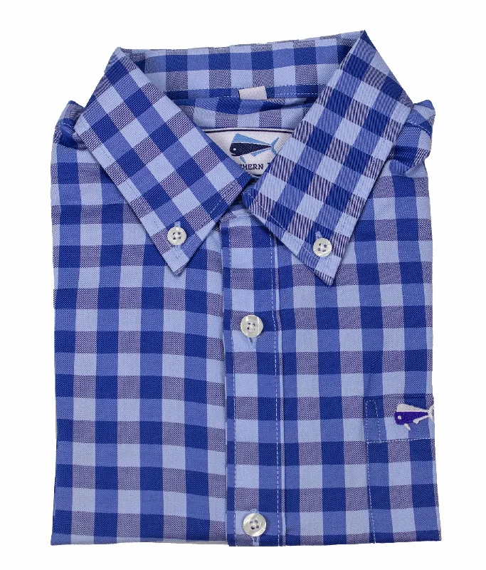 Youth Long Sleeve Woven Sport Shirt - Waffle Plaid Royal Blue Mesh Fabric Canvas Fabric Denim Fabric