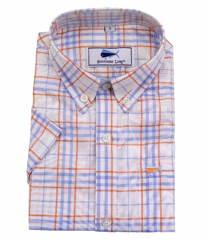 Youth Short Sleeve Woven Sport Shirt - Orange Blue Railroad Plaid Sequined Glittery Shiny