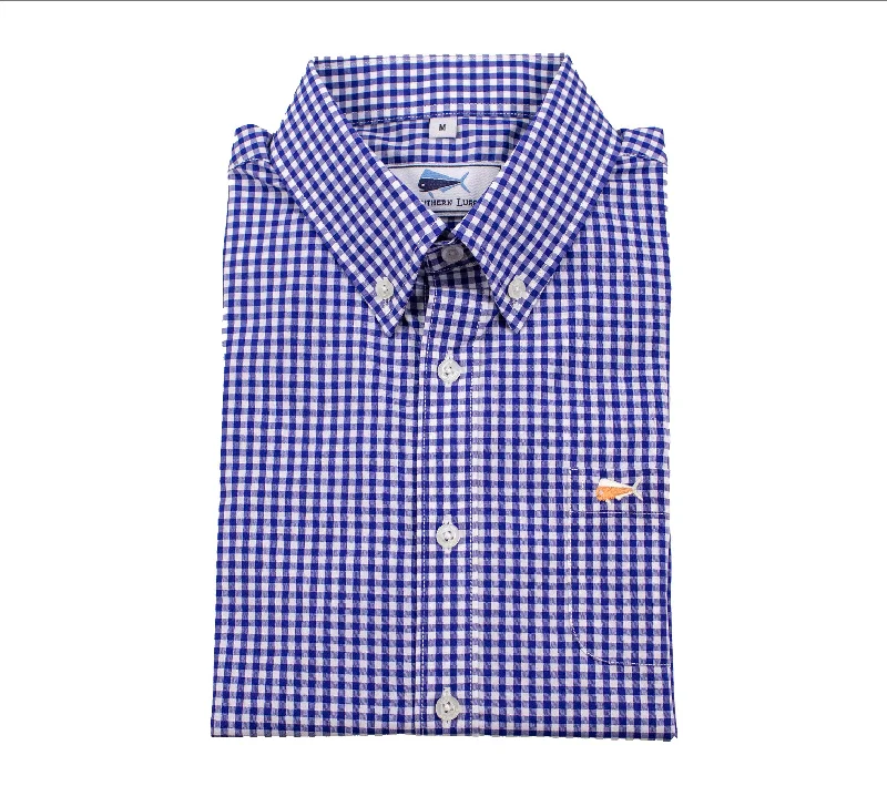 Youth Short Sleeve Woven Sport Shirt - In the Navy - Navy Gingham Front Pockets Side Pockets Patch Pockets