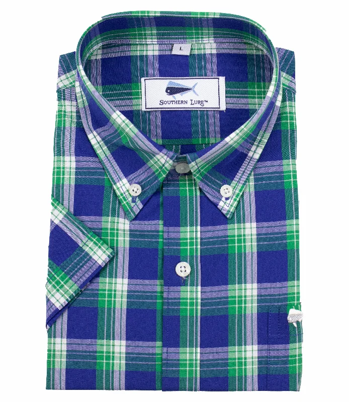 Youth Short Sleeve Woven Sport Shirt - Green Royal Blue - Spring Tide Plaid Chenille Fabric Brocade Fabric Lace Fabric